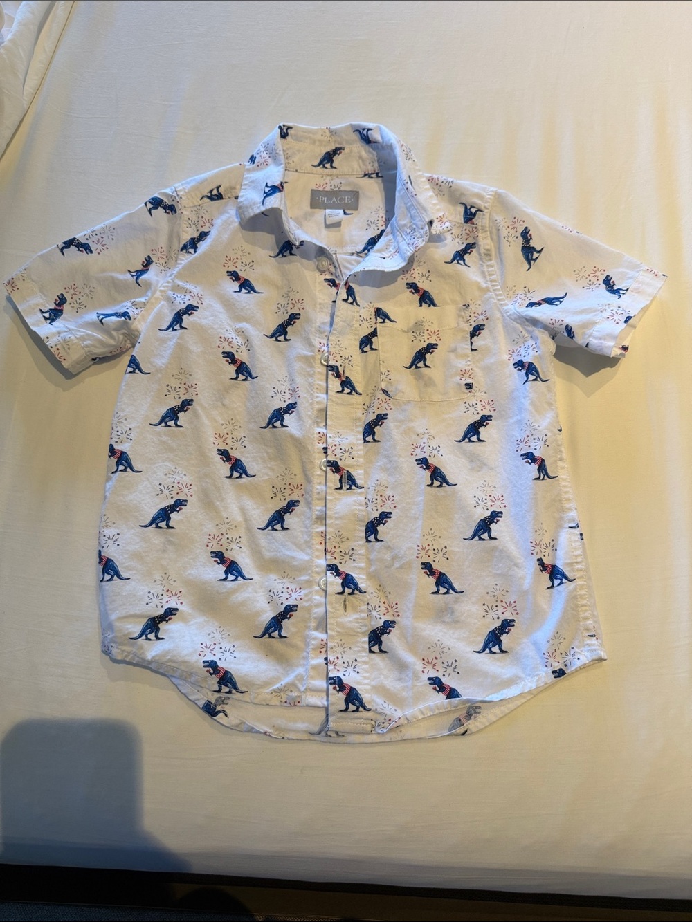 Place White Short Sleeve Button-Down Shirt with Blue Dino Print